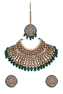 Gold Finish Kundan Polki & Green Drops Choker Necklace Set