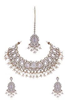 White Finish Pearl & Crystal Choker Necklace Set
