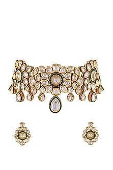 Gold Finish Choker Necklace Set With Kundan Polki