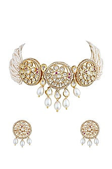 Two Tone Finish Pearl & Kundan Polki Choker Necklace Set