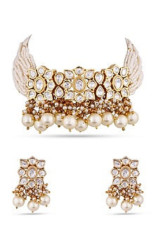 Gold Finish Kundan Polki & Pearl Choker Necklace Set