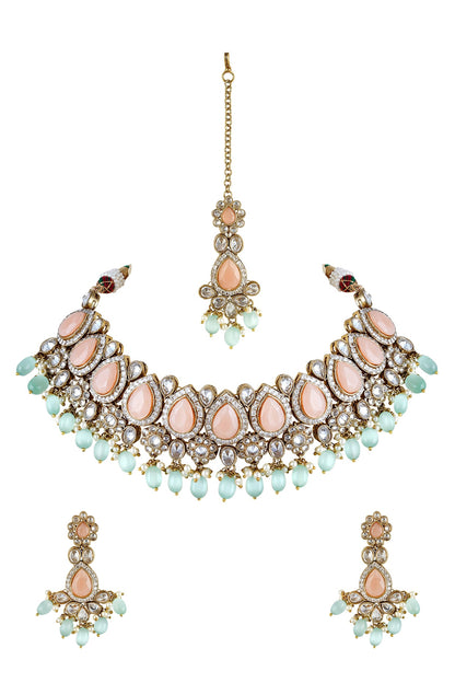 Gold Finish Pearl & Crystals Choker Necklace Set