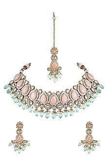 Gold Finish Pearl & Crystals Choker Necklace Set