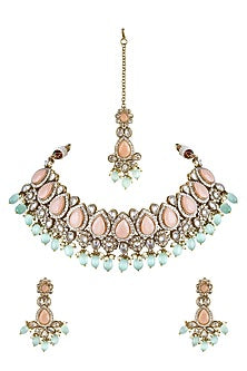 Gold Finish Pearl & Crystals Choker Necklace Set