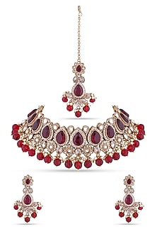 Rose Gold Finish Pearl & Kundan Polki Choker Necklace Set