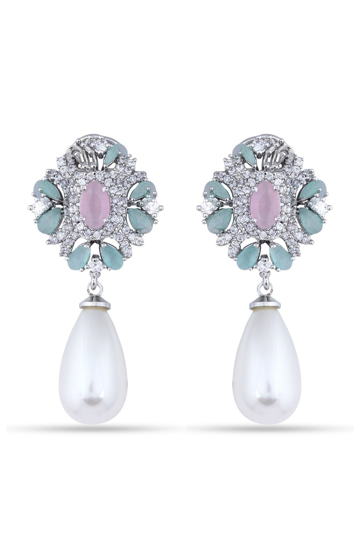 Two Tone Finish Cubic Zircons & Pearl Dangler Earrings
