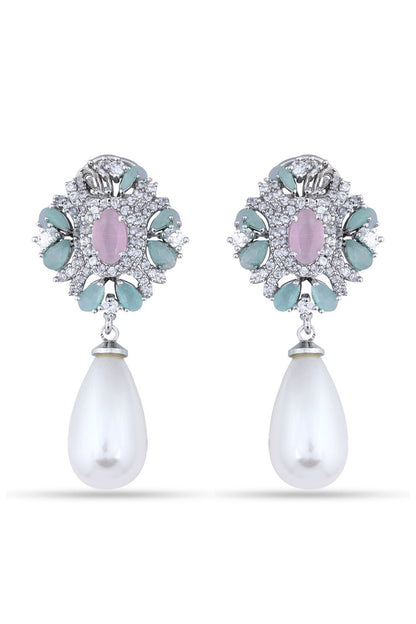 Two Tone Finish Cubic Zircons & Pearl Dangler Earrings