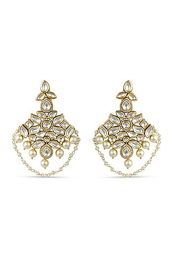 Gold Finish Kundan Polki & Beaded Dangler Earrings