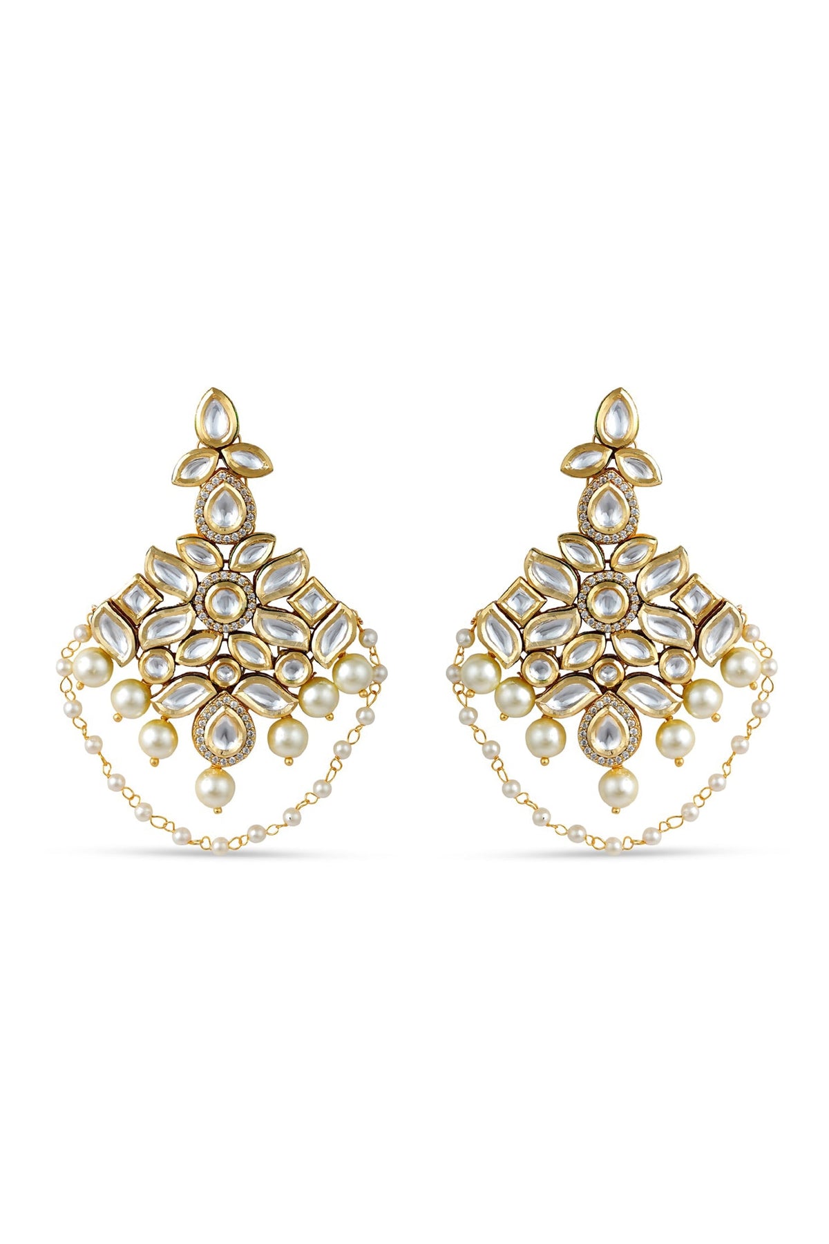 Gold Finish Kundan Polki & Beaded Dangler Earrings