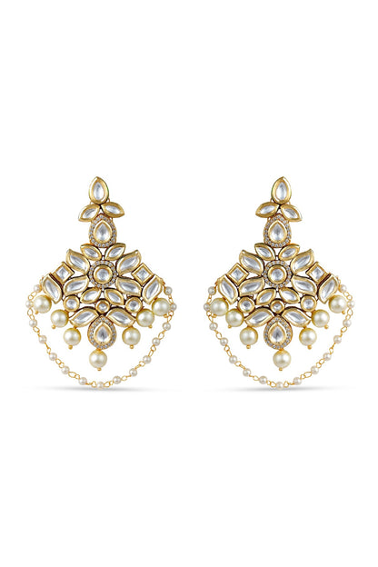 Gold Finish Kundan Polki & Beaded Dangler Earrings