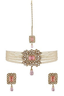 Rose Gold Finish Synthetic Stones Choker Necklace Set