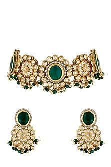 Gold Finish Kundan Polki & Green Stone Choker Necklace Set