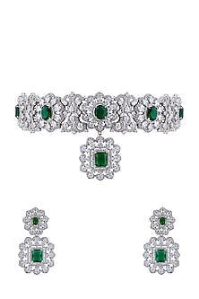 White Finish Cubic Zirconia & Green Stone Choker Necklace Set