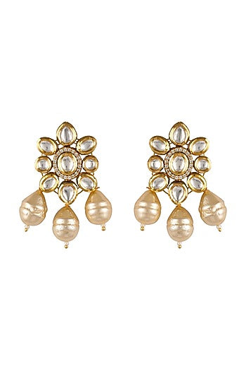 Gold Finish Faux Pearl & Kundan Earrings