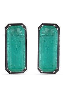 White Finish Zircons & Green Stone Stud Earrings