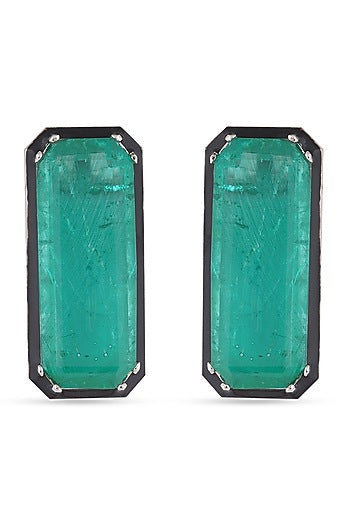 White Finish Zircons & Green Stone Stud Earrings