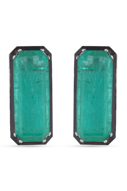 White Finish Zircons & Green Stone Stud Earrings