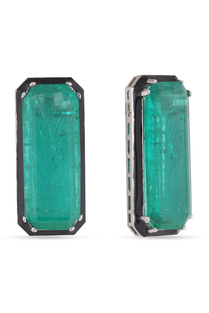 White Finish Zircons & Green Stone Stud Earrings