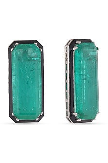 White Finish Zircons & Green Stone Stud Earrings