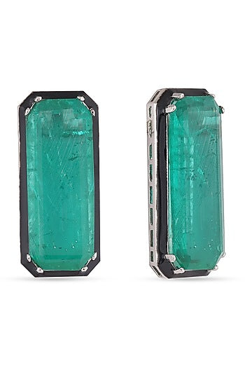 White Finish Zircons & Green Stone Stud Earrings