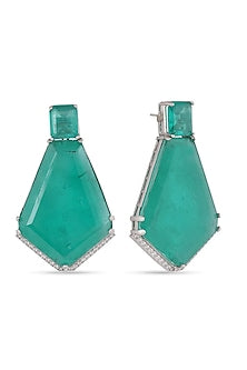 White Finish Green Stone Stud Earrings