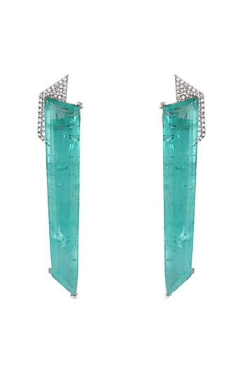 White Finish Green Zircon Earrings In Brass