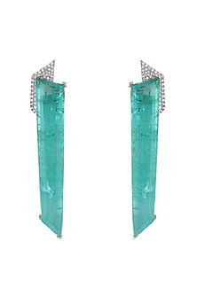 White Finish Green Zircon Earrings In Brass