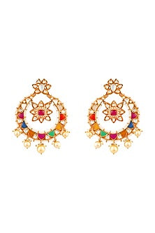 Gold Finish Navratna Chandbali Earrings