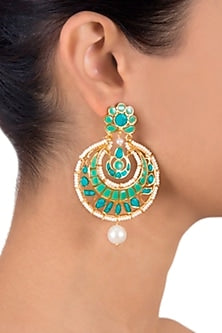 Gold Plated Jade Stone Chandbali Earrings In Sterling Silver
