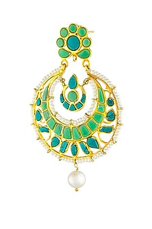 Gold Plated Jade Stone Chandbali Earrings In Sterling Silver