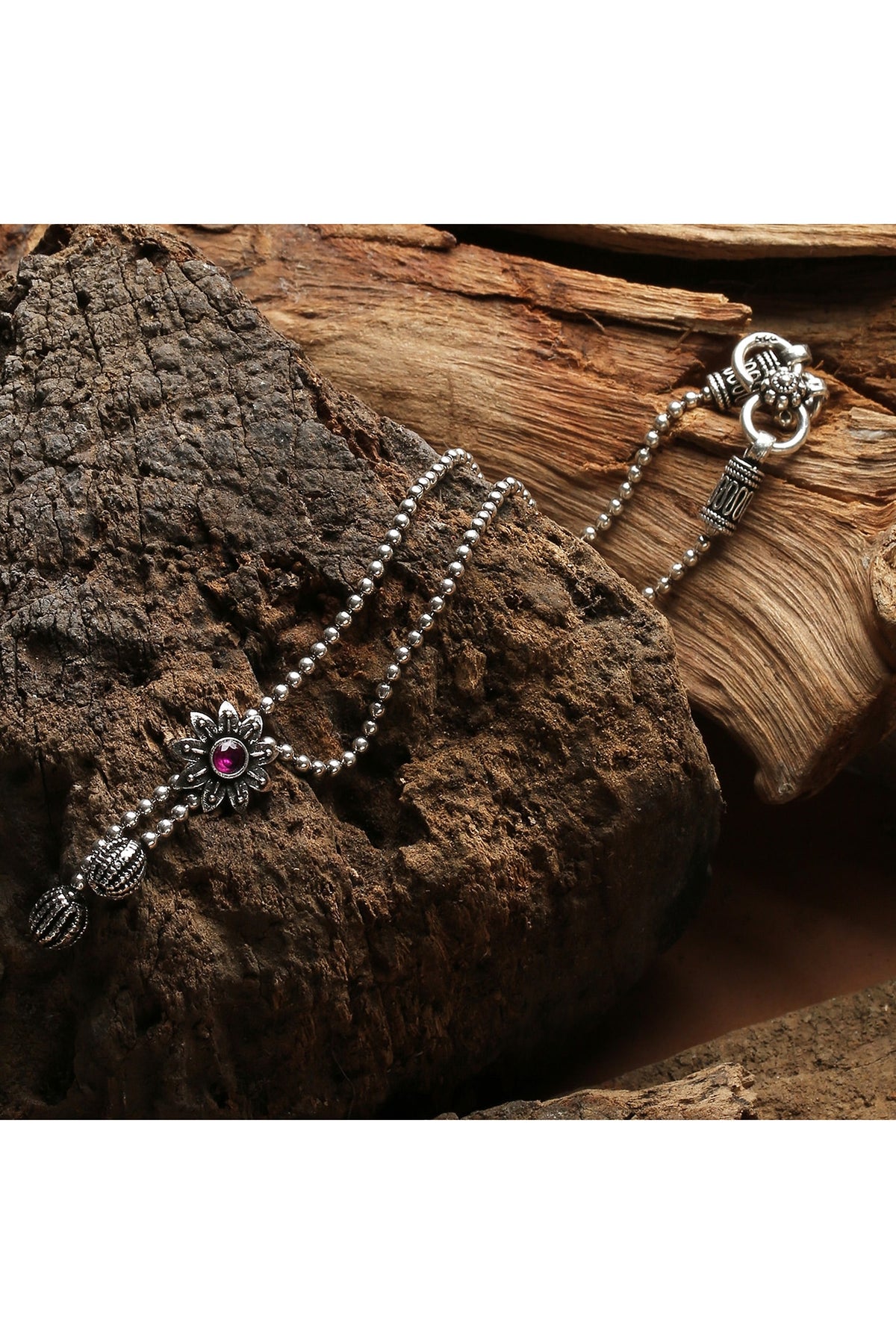 Silver Finish Ruby Stone Anklet In Sterling Silver