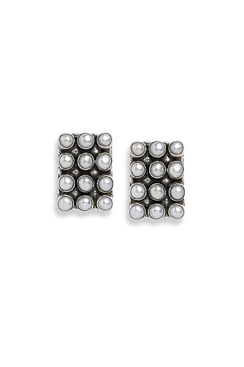 White Pearl Rectangle Stud Earrings In Sterling Silver