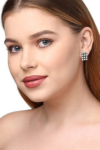White Pearl Rectangle Stud Earrings In Sterling Silver