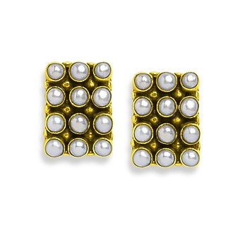 Gold Plated Pearl Rectangle Stud Earrings In Sterling Silver