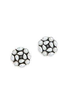 Silver Floral Stud Pearl Earrings In Sterling Silver