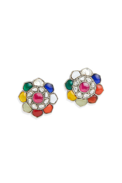 Multi-Colored Gemstone & Pearl Stud Earrings In Sterling Silver