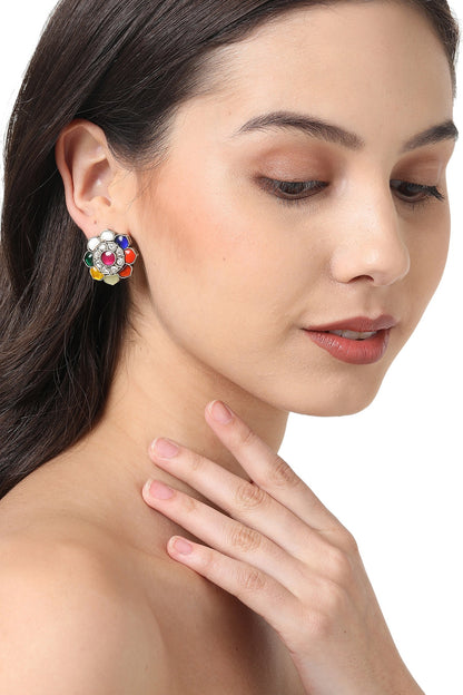 Multi-Colored Gemstone & Pearl Stud Earrings In Sterling Silver