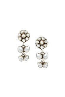 White Pearl Floral Stud Earrings In Sterling Silver