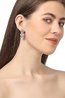 White Pearl Floral Stud Earrings In Sterling Silver