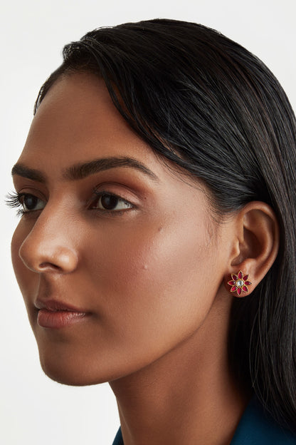 Gold Plated Ruby Stone Stud Earrings In Sterling Silver