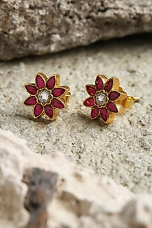Gold Plated Ruby Stone Stud Earrings In Sterling Silver