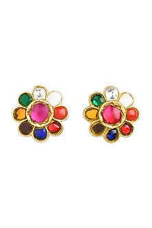 Gold Plated Navratna Stone Stud Earrings In Sterling Silver