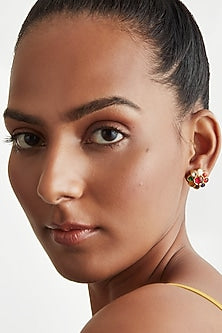 Gold Plated Navratna Stone Stud Earrings In Sterling Silver