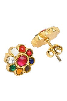 Gold Plated Navratna Stone Stud Earrings In Sterling Silver