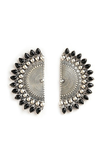 Silver Finish Black Stone Stud Earrings In Sterling Silver