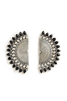 Silver Finish Black Stone Stud Earrings In Sterling Silver
