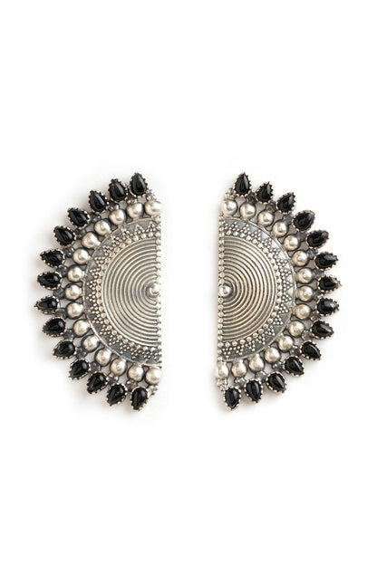 Silver Finish Black Stone Stud Earrings In Sterling Silver