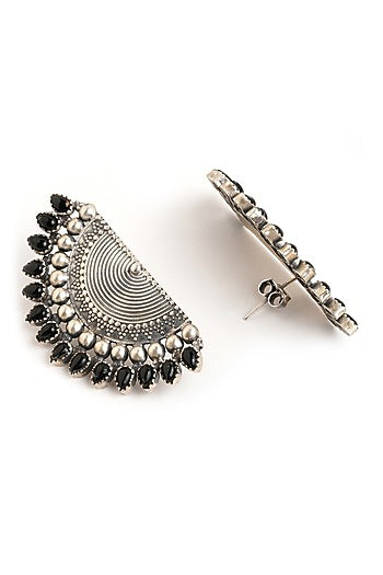 Silver Finish Black Stone Stud Earrings In Sterling Silver
