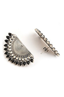 Silver Finish Black Stone Stud Earrings In Sterling Silver