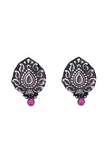 Silver Finish Ruby Glass Stone Stud Earrings In Sterling Silver